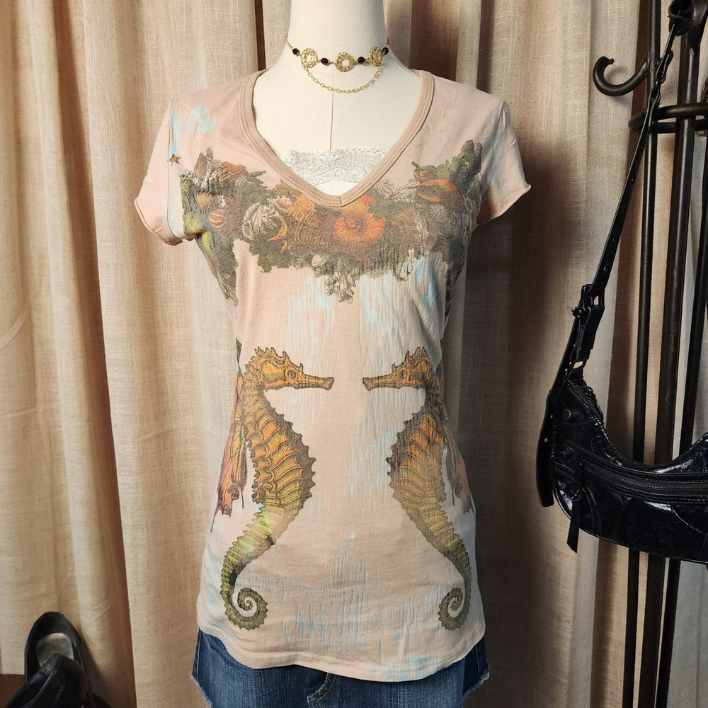 Butterfly Dropout Seahorse Graphic Tee Fairy Grunge Mermaid Y2K Baby Tee M USA